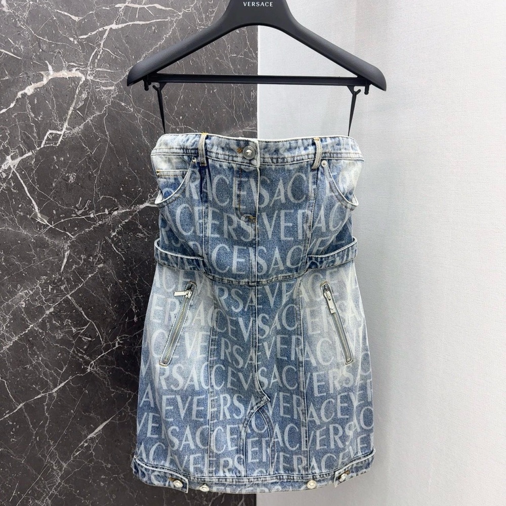 Versace Light Blue Logo-Printed Strapless Denim Mini Dress